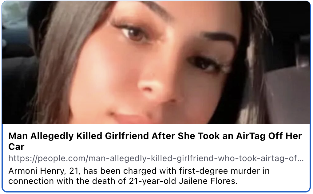 Screenshot of article about man allegedly killing girlfriend after she took an AirTag off her car.