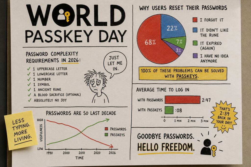An image of a chart celebrating World Passkey Day, showing the pain of password complexity rules, along side the many reasons people end up resetting their passwords. It also shows a graph of declining password usage and rising passkey usage, along with a comparison of how much faster it is to sign-in with passkeys. It ends with the phrase "Goodbye Passwords, Hello Freedom" next to the passkeys logo.
Because everyone loves a good chart (with graphs)!